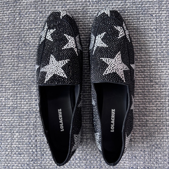 Lola Cruz Black Crystal Stone Star Loafers Size 39 Embellished Shoes - Picture 3 of 11